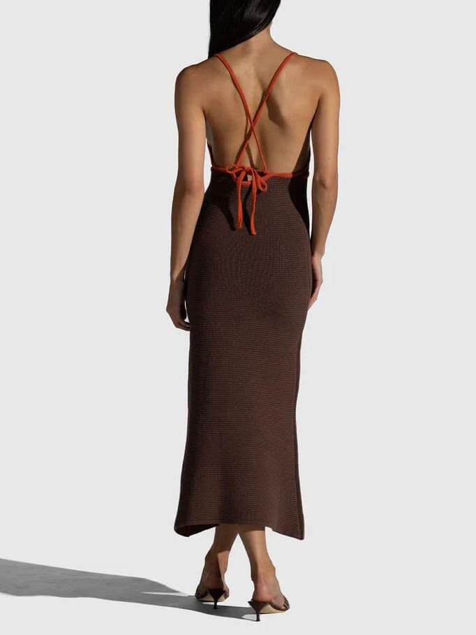 Knitted Suspender Halterneck V-neck Backless Midi Dress