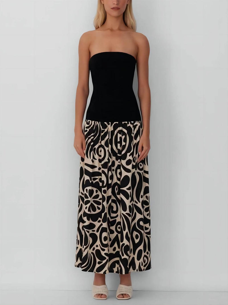 Fashionable Strapless Print Maxi Dress