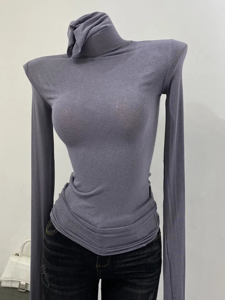 Thin Soft American Long Sleeve T-shirt High Stacked Neck Tight Perspective Bottom Shirt ’s Slim Fit Tops