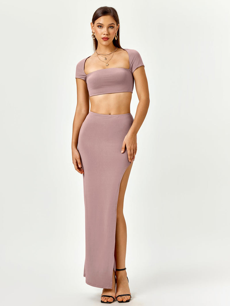 Tie Back Cut Out Crop Top&split Thigh Bodycon Skirt