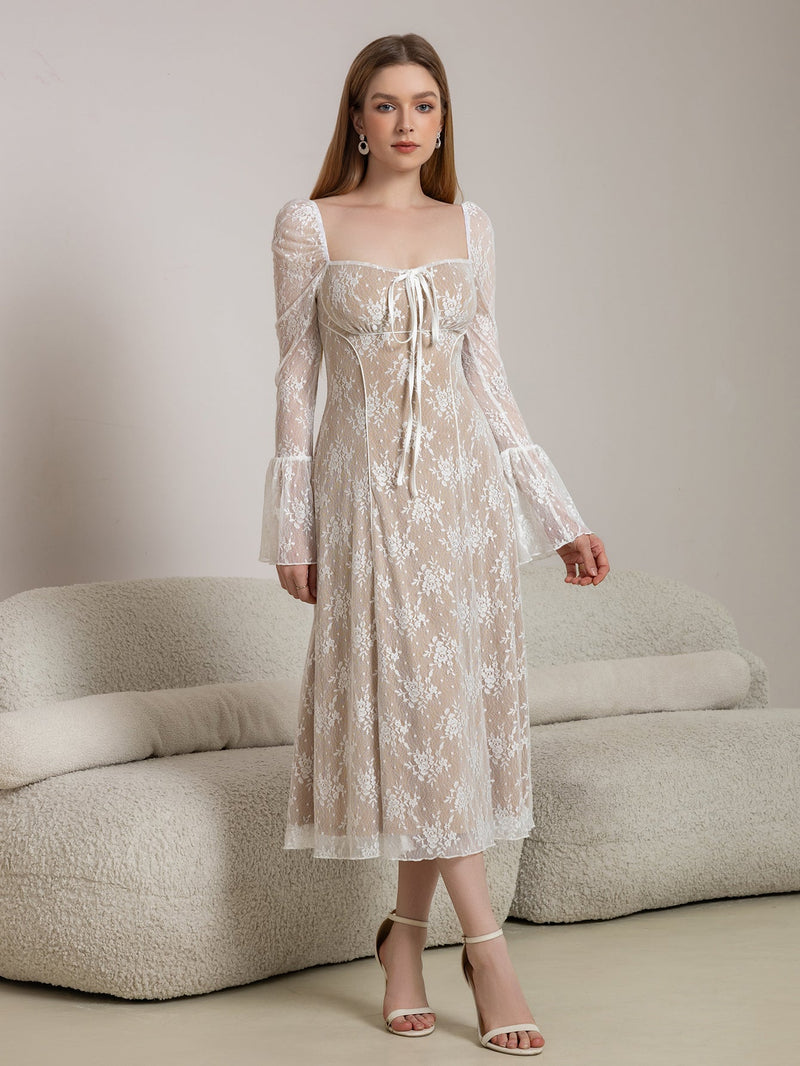 Tie Front Bell Sleeve Contrast Lace Long Dress