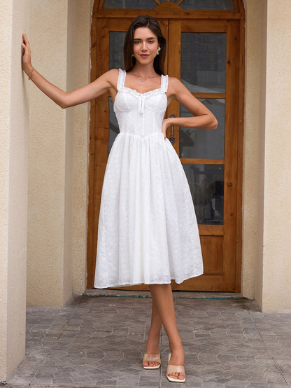 Tie Front Embroidery Midi Dress