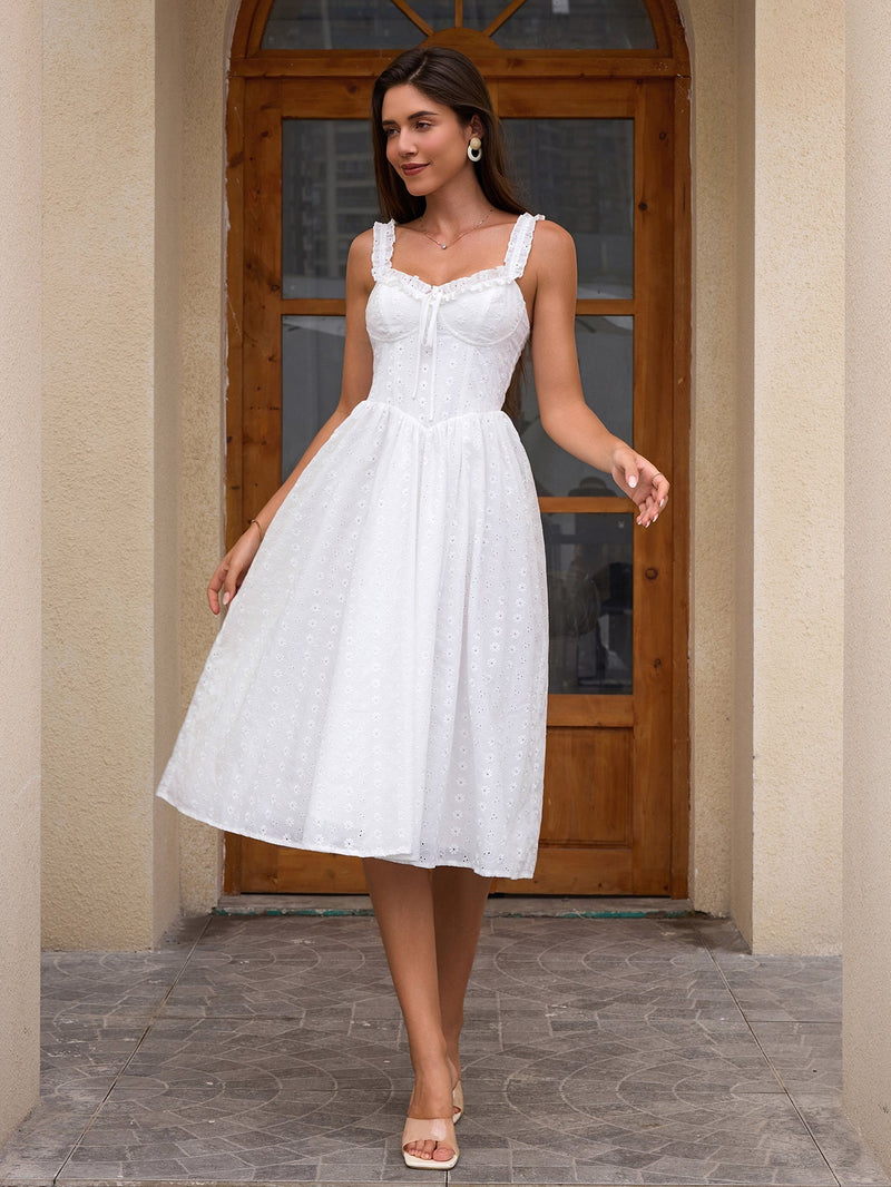 Tie Front Embroidery Midi Dress
