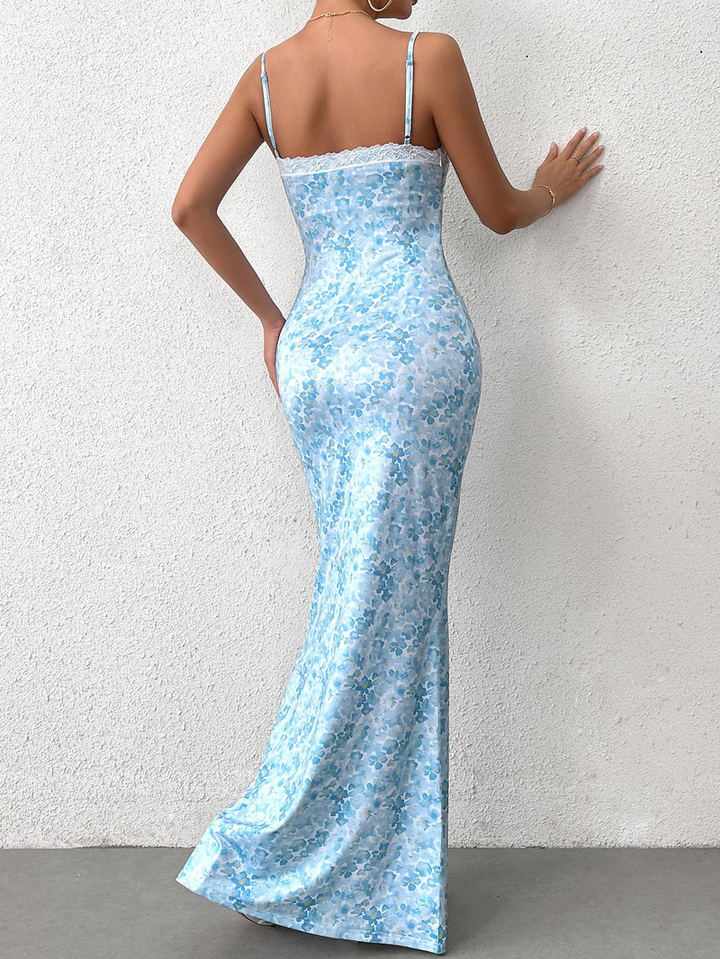 Tie Front V-neck Lace Spliced Print Mermaid Dress