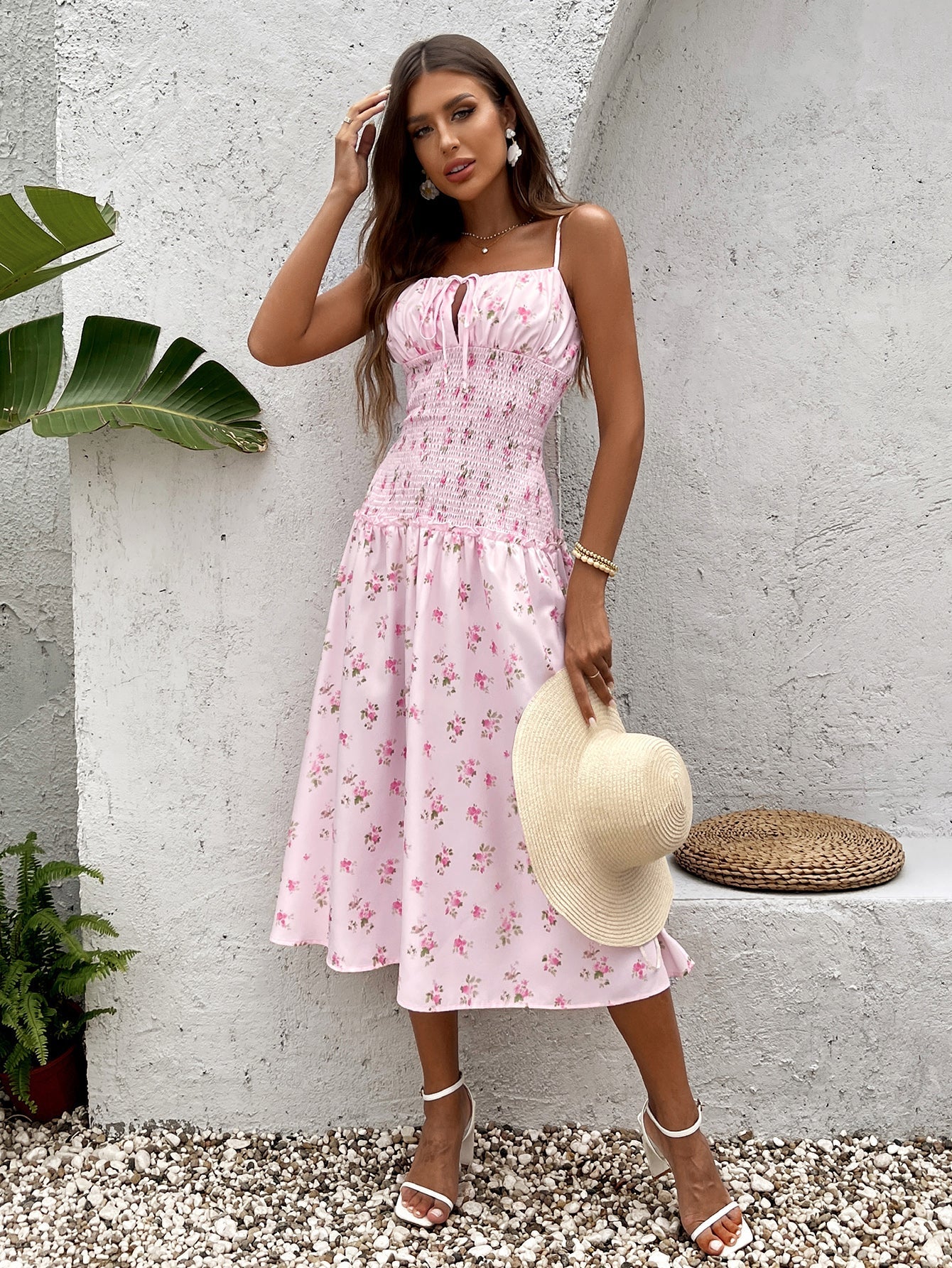 Tie Front Waist Ruched Print Cami Dress