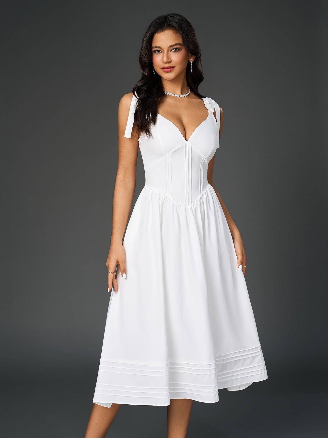 Tie Shoulder V-neck Pleated Pocket Dress