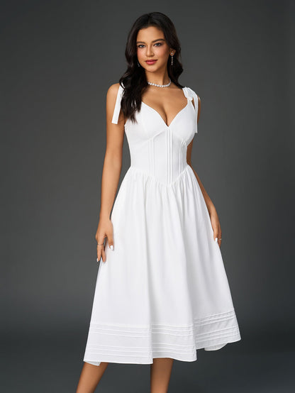 Tie Shoulder V-neck Pleated Pocket Dress