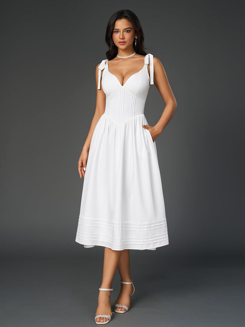 Tie Shoulder V-neck Pleated Pocket Dress