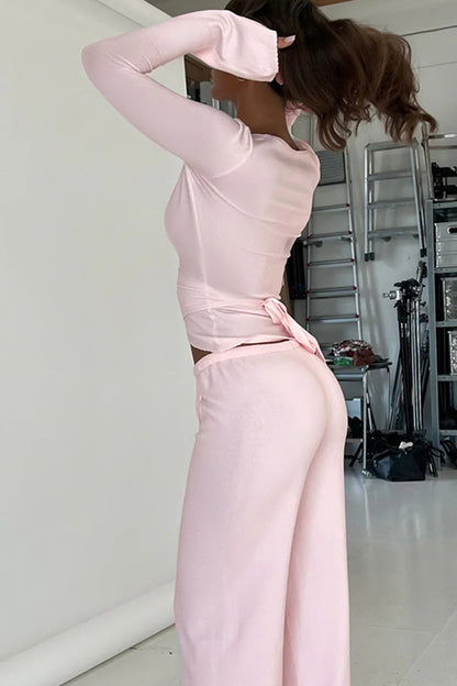 Tie-up Plush Lined Crop Top Pants Set