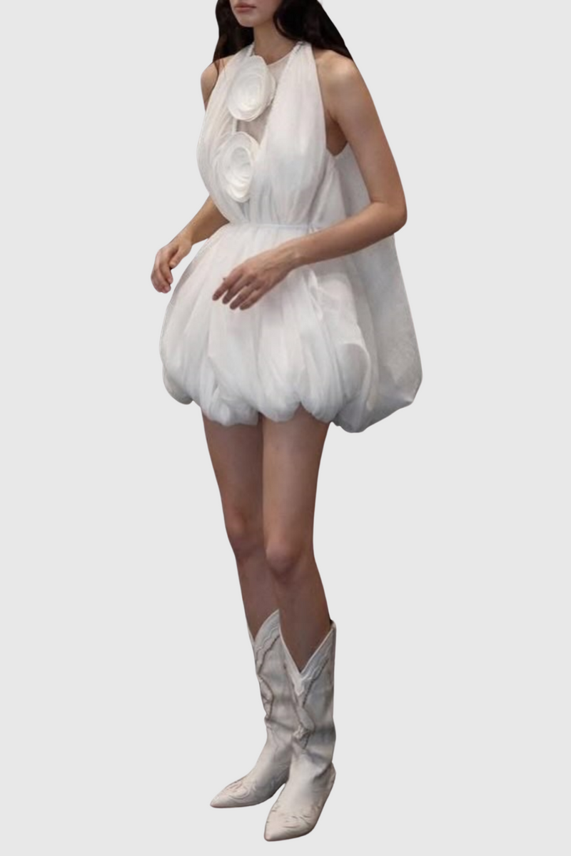 Tlora Applique Halter Puffy Mini Dress