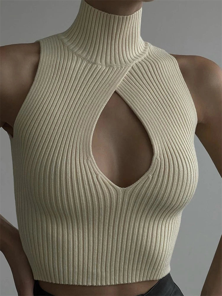 Spring New ’s Turtleneck Ribbed Sleeveless Tops Slim Bandage Sweater Vest Crop Tank Top Knitwear Summer
