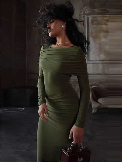 Autumn Patchwork Long Dress Female Slim High Waist Skinny Party Dress Gown Pleated Bodycon Dress