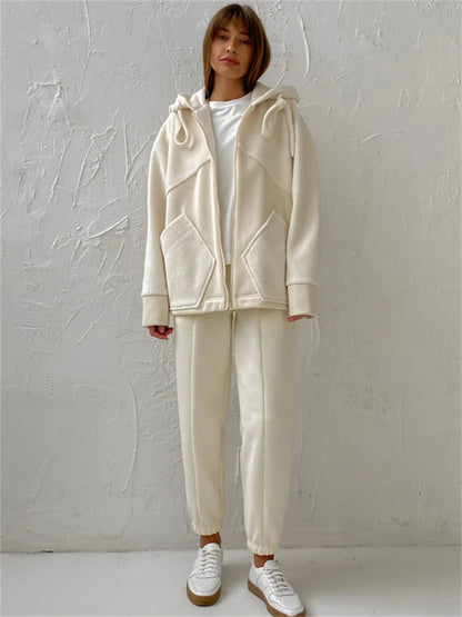 Autumn 2 Piece-set Zipper Cardigan and Straight Legg Outfits Slim Patchwork Hoodie ’s Pants Sets
