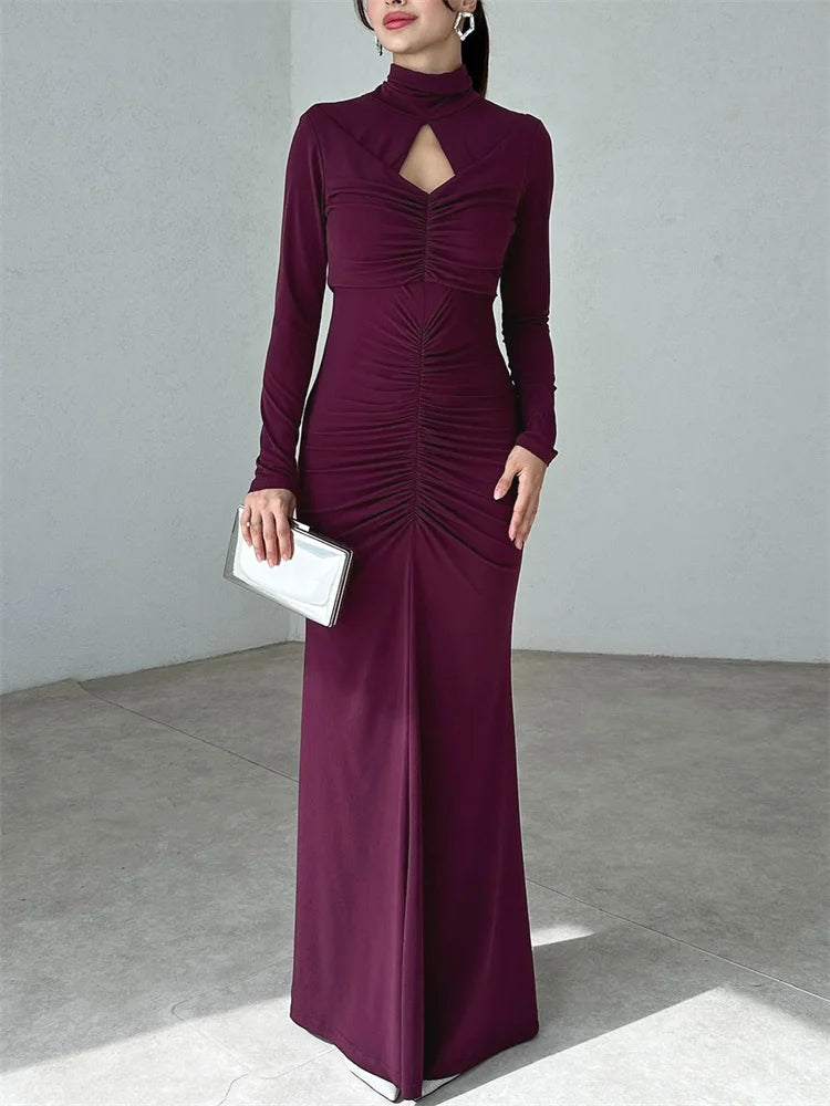 Autumn Pleated Hollow Out Maxi Dress ’s Slim High Waist Backless Party Dress Female Long Dress