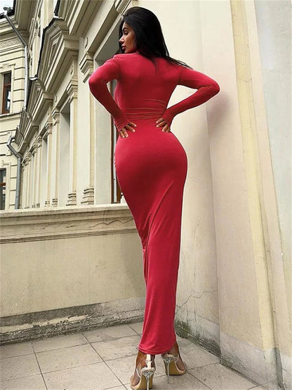 Autumn Turtleneck Skinny Long Dress ’s High Waist Long Sleeve Patchwork Party Dress Female Maxi Dress