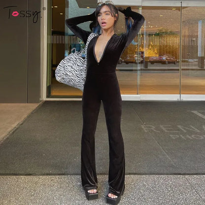 Black Corduroy Bodycon Hooded Jumpsuit Autumn New Long Sleeve V-neck Outfits Female Overalls Fitness New