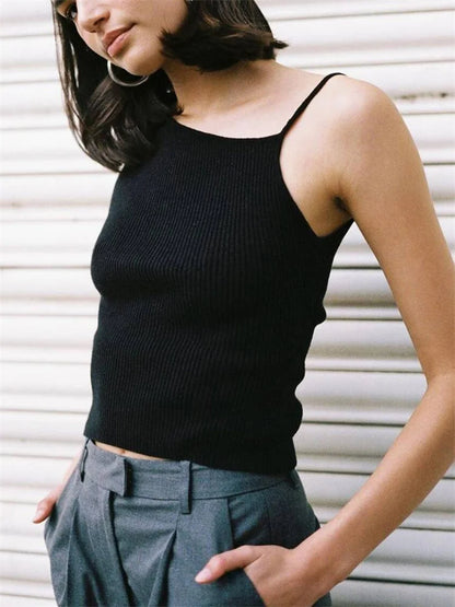 Black Ribbed T-shirt Top for Pullover Spaghetti Patchwork Sleeveless Summer Slim Body Top Female