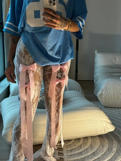 Bow Lace See-through Printed High Waist Mesh ’s Pants