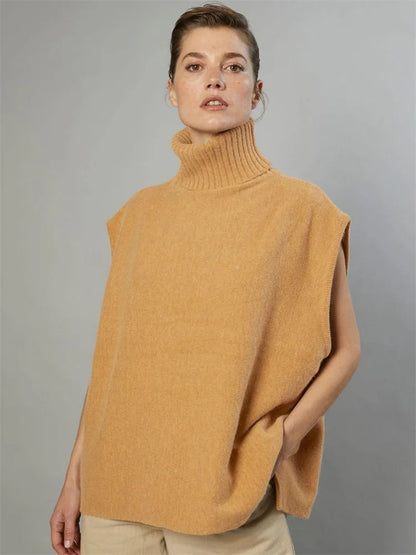 Loose Female Turtleneck Top Sleeveless High Street Knit Pullover Autumn Knitwear Oversized Sweater