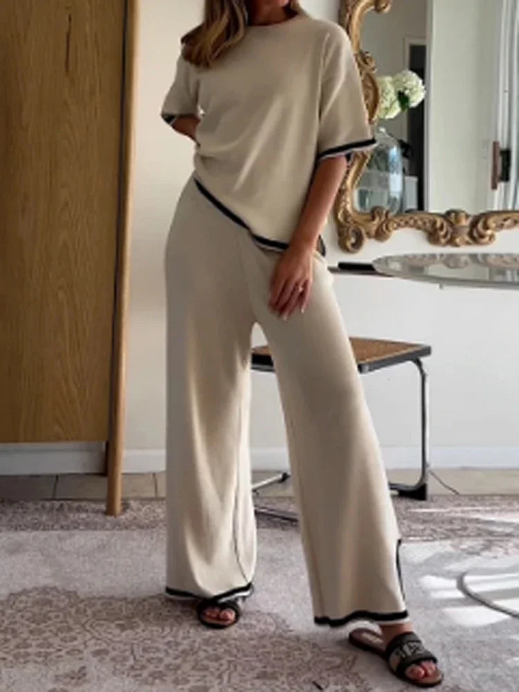 Contrast Knit Trousers 2 Piece-set Female Slim Patchwork Loose Pullover and Wide Leg ’s Pants Sets