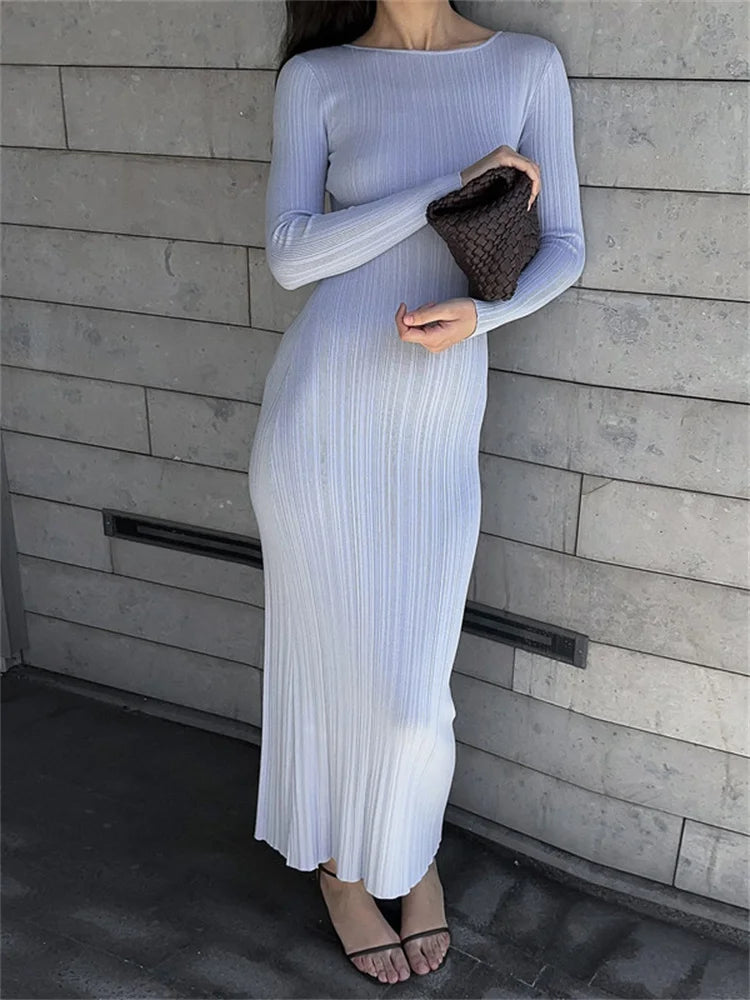 Autumn Slim Maxi Dress for High Waist Patchwork Ribbed Party Dress Long Dress Clothes