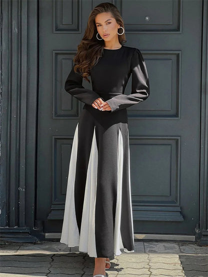 Patchwork Contrast Dress Female Lace-up Party Dress Slim High Waist Bandage Gown ’s Maxi Dress