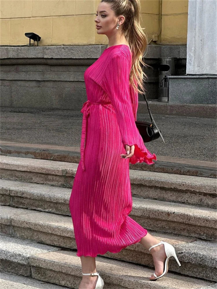 Ruffled Lace-up Long Dress Slim Long Sleeve Striped Pleated Party Dress Autumn Gown Female Dress