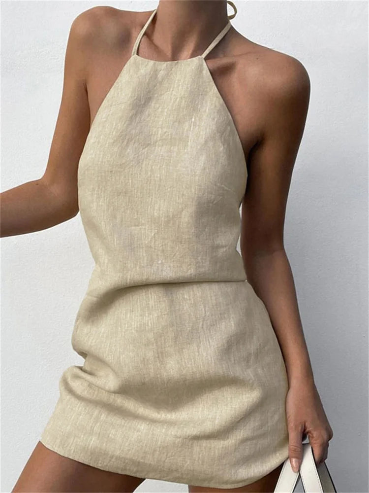 Female Backless Mini Dress Lace-up Basic Hanging Neck Patchwork Off-shoulder Dress Dress