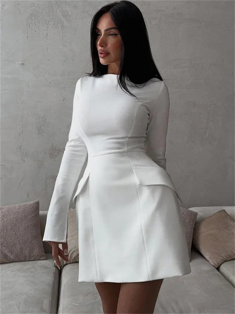 Female White Dress Patchwork Long Sleeve Commute Clothes Dress for Zipper Autumn Mini Dress New