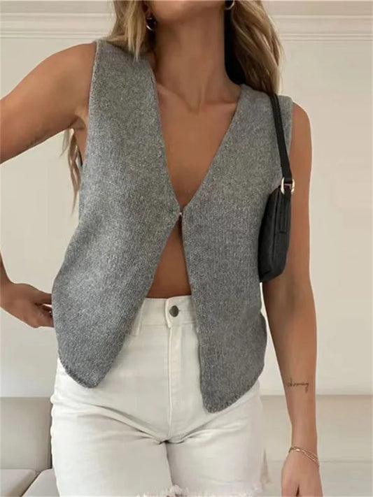 Female Hollow Out Knit Cardigan Sleeveless Baggy High Street Tank Top Summer V-neck Slim Vest Y2k Top