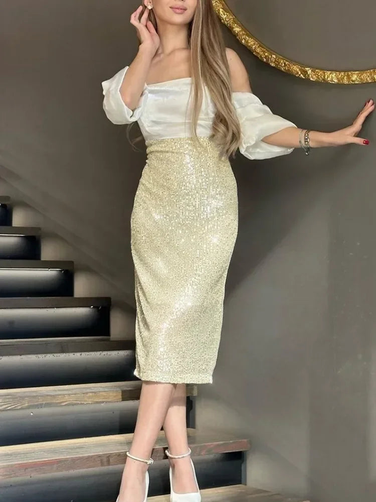 Female Sequin Long Skirt High Waist Patchwork Glitter Party Gown Maxi Skirt Slim for Long Skirt