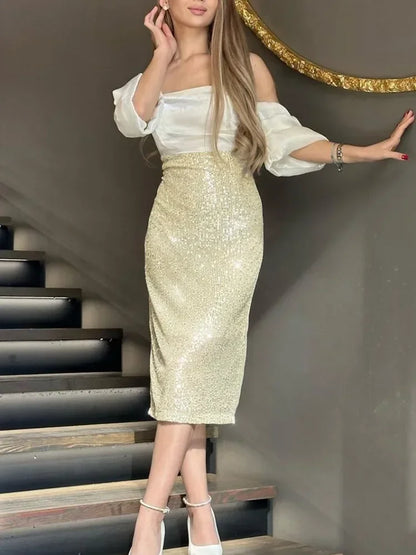 Female Sequin Long Skirt High Waist Patchwork Glitter Party Gown Maxi Skirt Slim for Long Skirt