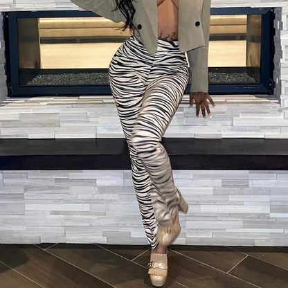Female Trousers Zebra Print Straight Leg Pants Split Out Spring High Waist Pants