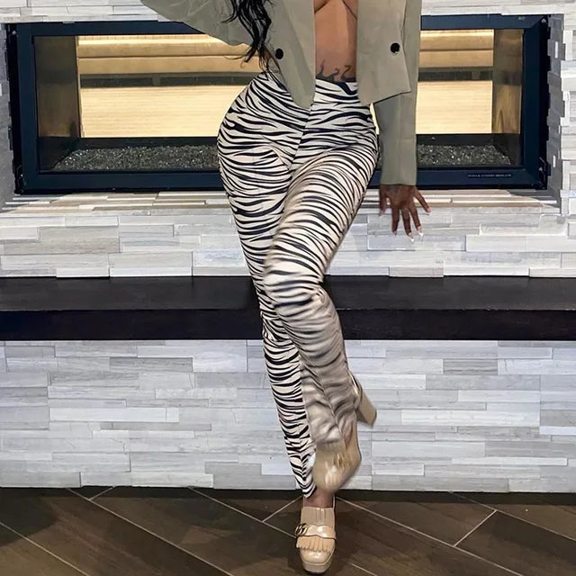 Female Trousers Zebra Print Straight Leg Pants Split Out Spring High Waist Pants
