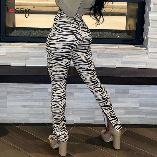 Female Trousers Zebra Print Straight Leg Pants Split Out Spring High Waist Pants