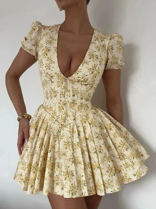 Flower Print Deep V Neck Folds Mini Dress for Patchwork French Sweet Short Sleeve Female Party Short Princess Dress
