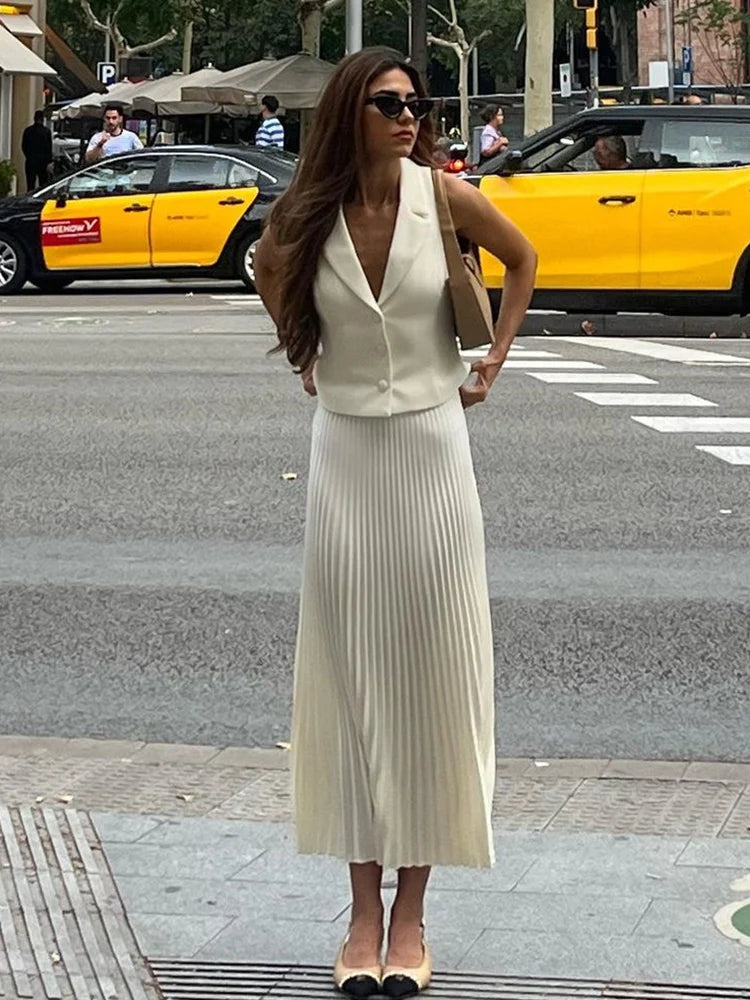 Folds Long Skirt Two Pieces Set ’s Notched Sleeveless Short Vest Top High Waist Maxi Skirt Sets