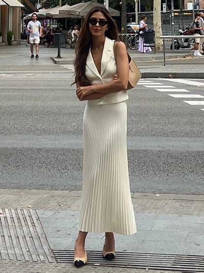 Folds Long Skirt Two Pieces Set ’s Notched Sleeveless Short Vest Top High Waist Maxi Skirt Sets