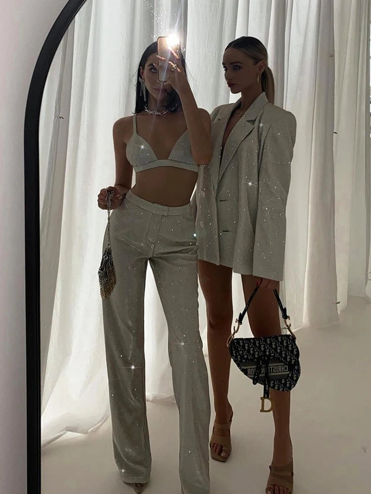 Glitter Silver Party Two Piece Pants Set Club Night Outfits Sparkly Blazer Matching Sets Femme Tracksuit
