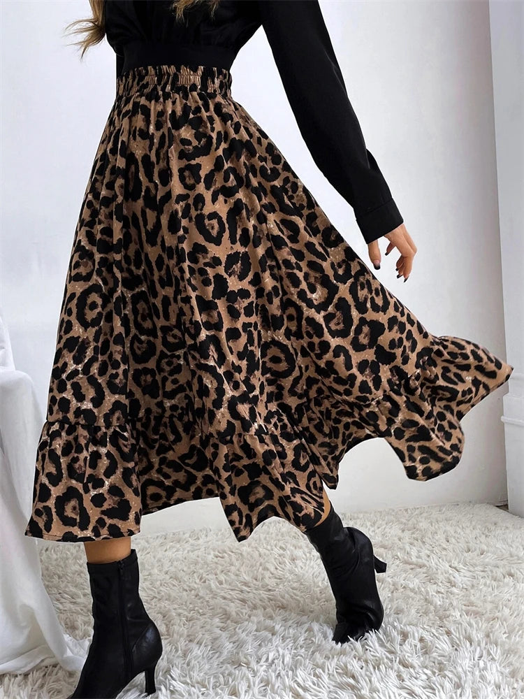 High Waist Leopard Midi Skirt for Printed Long Tulle Skirt Autumn New Chiffon A-line Skirt