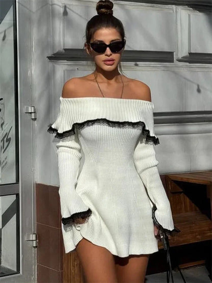 Knit Off-shoulder Sweater Mini Dress ’s Lace Patchwork Ribbed Slim Backless Party Dress Knitwear Mini Dress