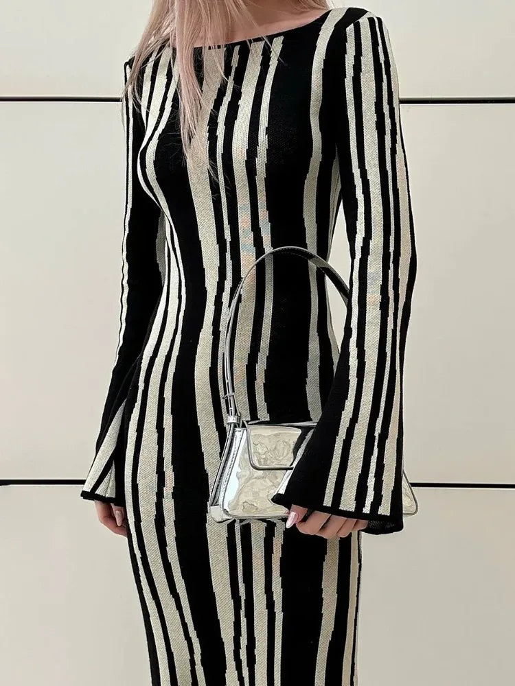 Knit Striped Wrap Dress for Contrast High Street Slim Long Dress Pullover Knitwear High Waist Dress