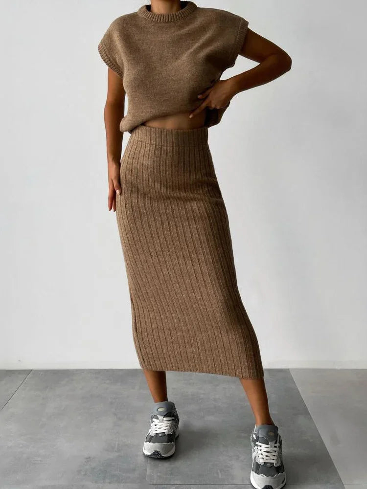 Knit Sweater 2 Piece-set Loose Ribbed Sleeveless Pullover and High Waist Long Skirt Outfits Knitwear ’s Sets