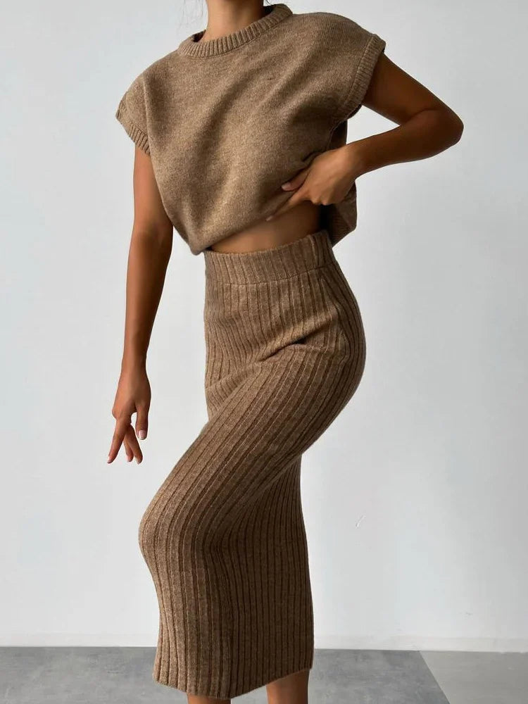 Knit Sweater 2 Piece-set Loose Ribbed Sleeveless Pullover and High Waist Long Skirt Outfits Knitwear ’s Sets