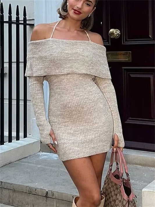 Knit Sweater Lace-up Mini Dress for Ribbed Long Sleeve Loose Backless Slim Dress ’s Knitwear Mini Dress