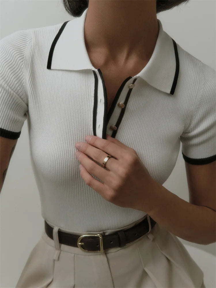 Knit Sweater Pullover Short Sleeve Patchwork Slim Lapel Contrast Knitwear Top Female Skinny Ribbed Pullover