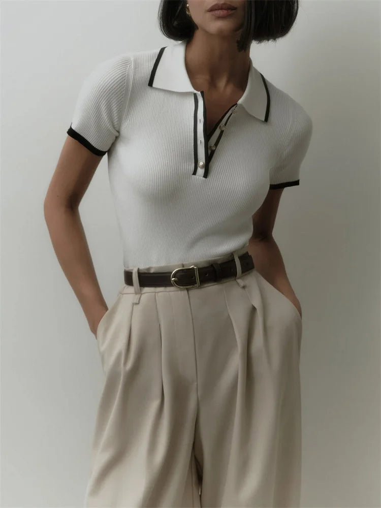 Knit Sweater Pullover Short Sleeve Patchwork Slim Lapel Contrast Knitwear Top Female Skinny Ribbed Pullover