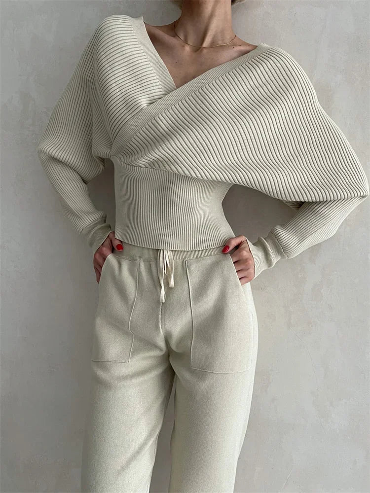 Knit V-neck Pullover 2 Piece-set for Patchwork Sweater and High Waist Drawstring ’s Pants Sets Outfits