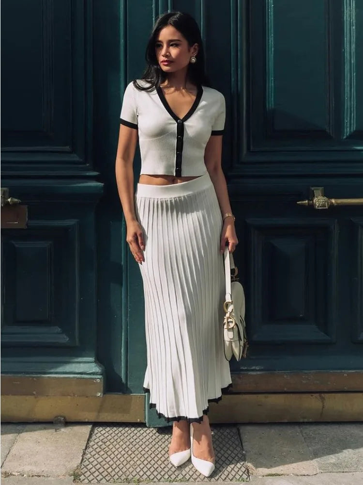 Knitted Fold Skirt Two Pieces Set Deep V Neck Short T-shirt Knitwear High Waist Skirt Patchwork Female Sets Summer