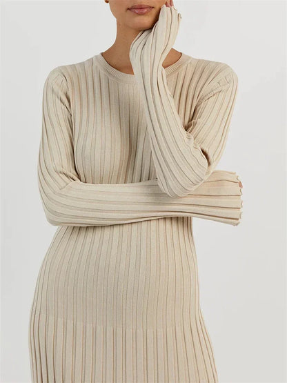 Lace-up Female Knit Maxi Dress – Autumn High Waist Patchwork Long Sleeve Bandage Knitwear Dress